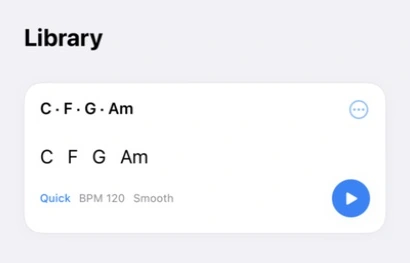 実機のLibraryに保存したC、F、G、Amのコード進行。