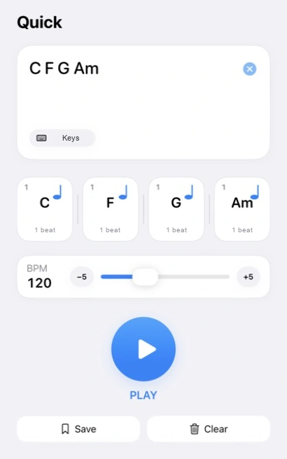 Chord Jotの実機画面。C、F、G、Amの入力、コードカード、BPMと再生ボタン。