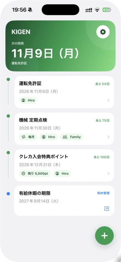運転免許証、機械の定期点検、ポイント、有給休暇の期限を順に並べたKIGENの実機画面